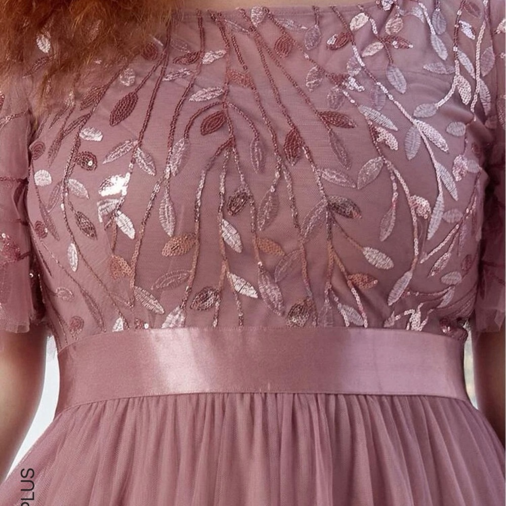 Plus leaf sequin bodice mesh prom dress